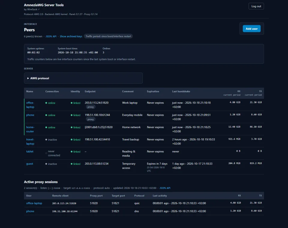 AmneziaWG Server Tools web panel: peers with connection status, traffic counters and active proxy sessions