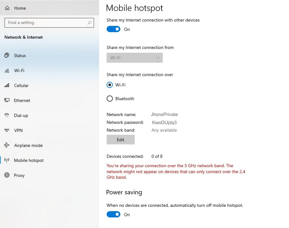 Windows WiFI Hotspot Settings