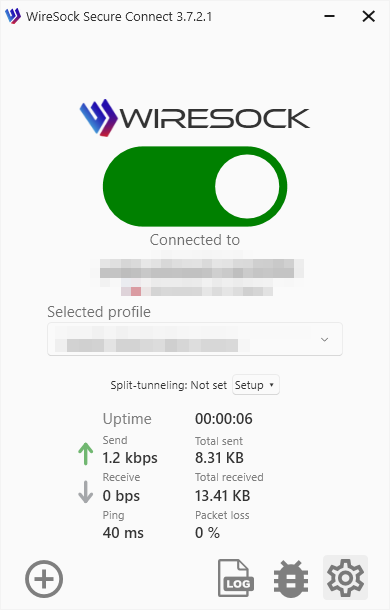 WireSock Secure Connect main window with a connected profile