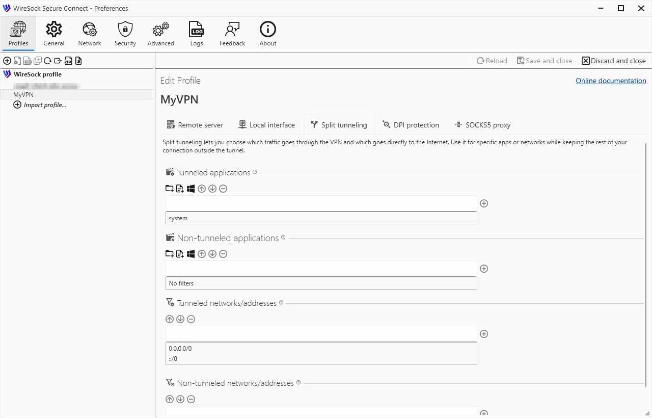Edit Profile, Split tunneling tab: system added to Tunneled applications