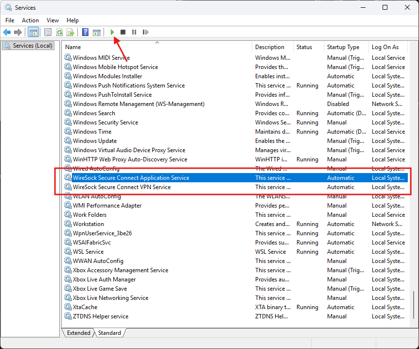 Windows Services Window