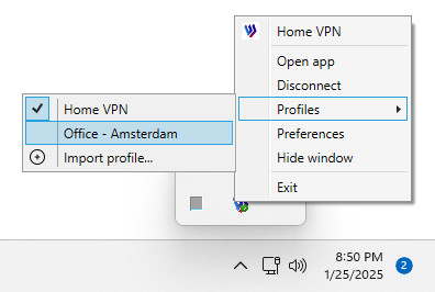 Select profile in system tray menu