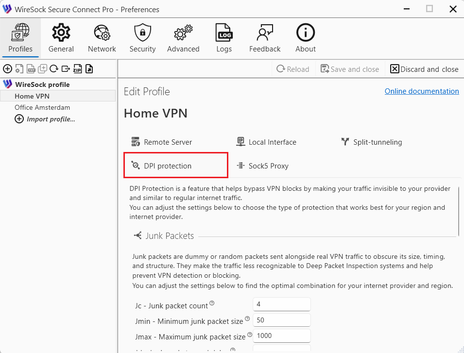 Select profile and press Edit button