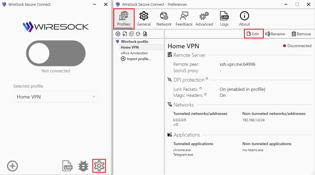 Open Profiles tab